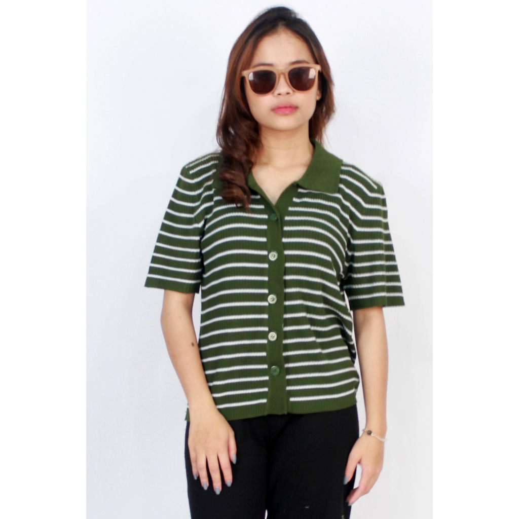 Camicia Top Baju Rajut Wanita Korean Shirt |Atasan Polo Rajut Cewek Strip Kemeja Premium