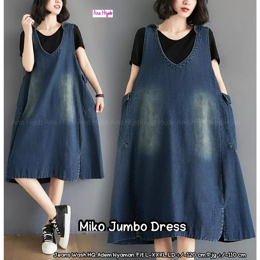 Miko overall dress jumbo ld 120 cm pb 110 cm bahan jeans wash miko overall midi baju kodok wanita
