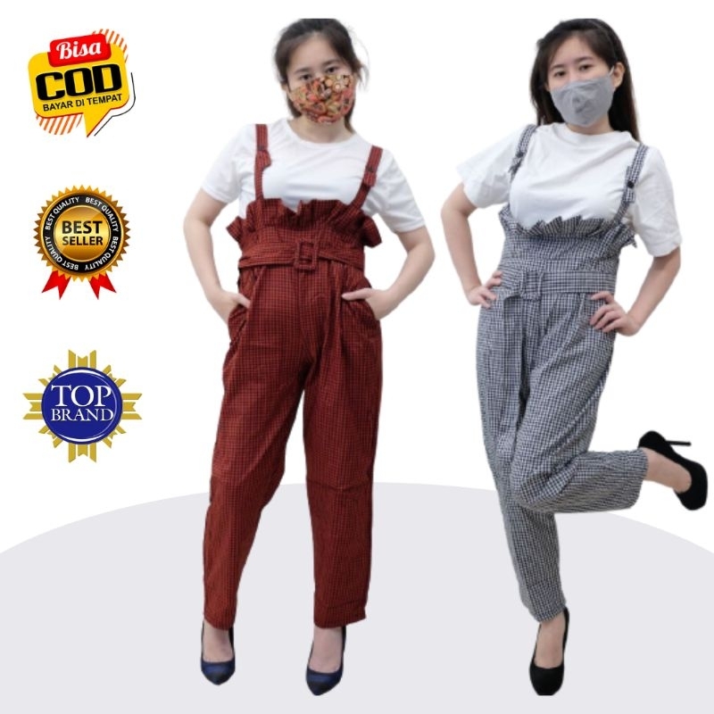 Aitentica Baju Jumpsuit Wanita Motif Kotak Kotak  Jamsit Cewek Murah Perempuan Celana Kodok keren