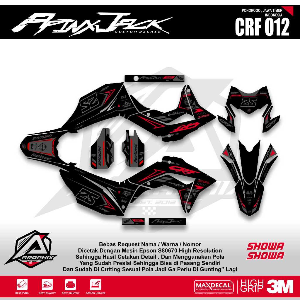 DECAL CRF150 L HITAM ABU MERAH KODE 012