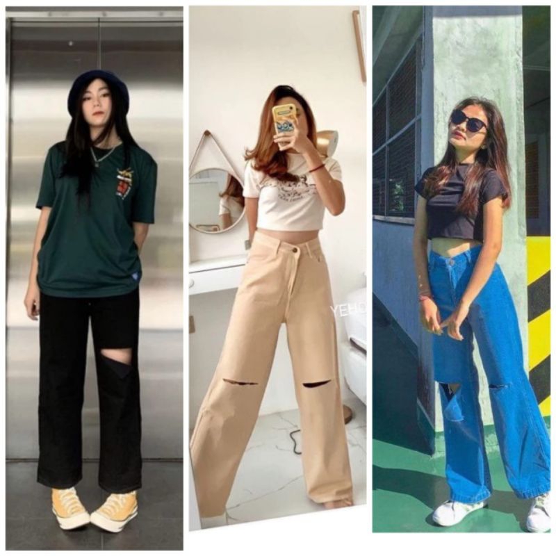 CELANA KULOT JEANS RIPPED MODEL SOBEK LUTUT KOREAN STYLE//CELANA KULOT JEANS SOBEK LUTUT CEWEK CEWE 