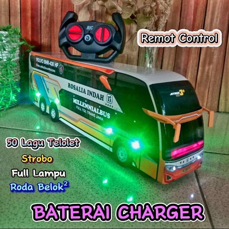 Miniatur bus telolet basuri remot strobo bis mainan rosalia indah double decker geprek