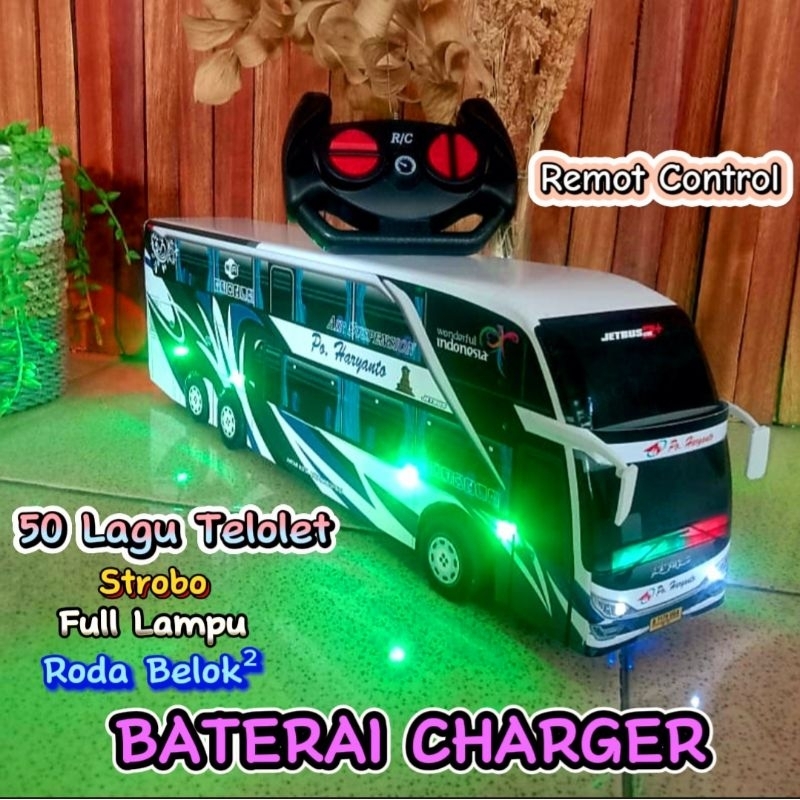 Miniatur bus telolet basuri remot bis mainan haryanto double decker hitam putih