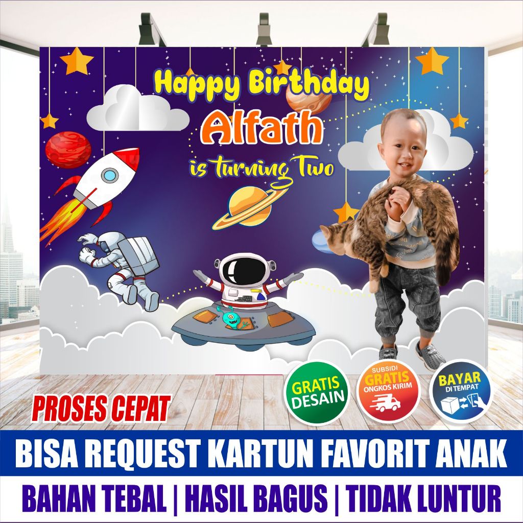 Spanduk ulang tahun anak laki laki karakter astronot - banner ulang tahun anak cowok tema luar angks
