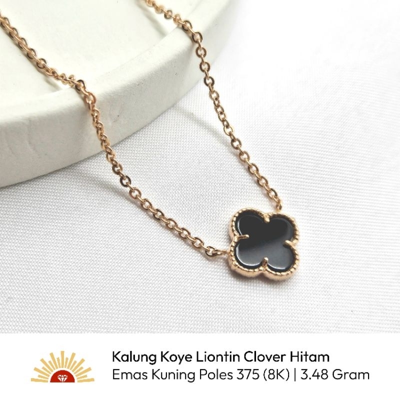 Kalung Koye Liontin Clover Hitam Emas Kuning Poles 375 (8K)