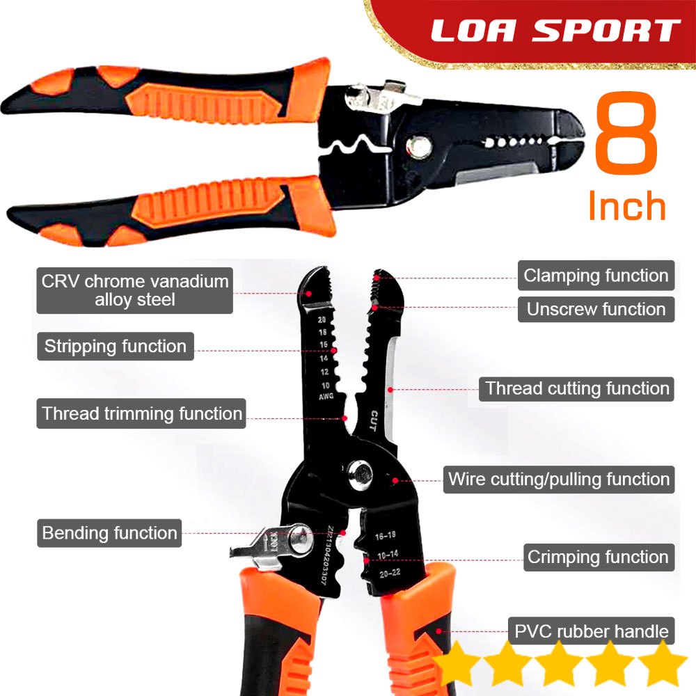 Tang Potong Kupas Kabel Kawat Listrik 8 Fungsi 8 Inch Chrome Vanadium