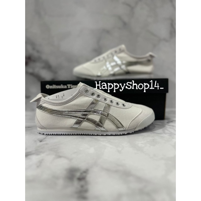 Sepatu Onitsuka Slip On White Silver Free Kaos Kaki