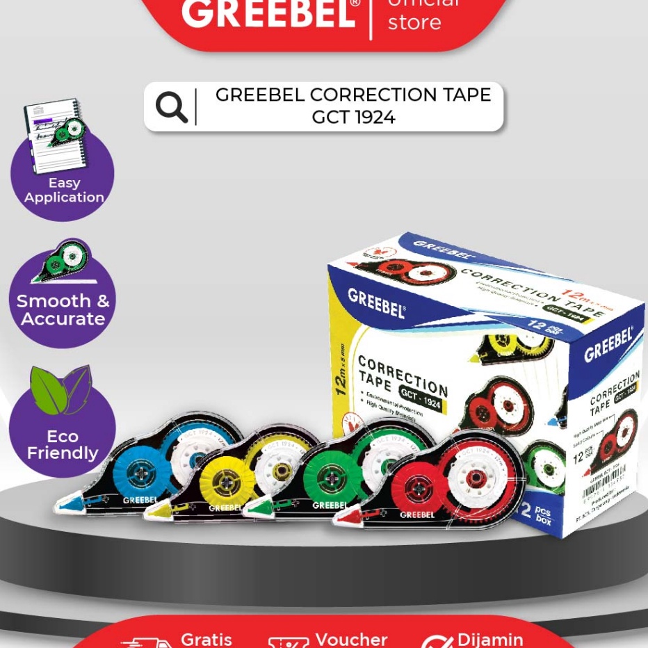 

Promo GREEBEL CORRECTION TAPE GCT-1924 / Correction tape cpt kering gk bau utk atk/anak sekolah