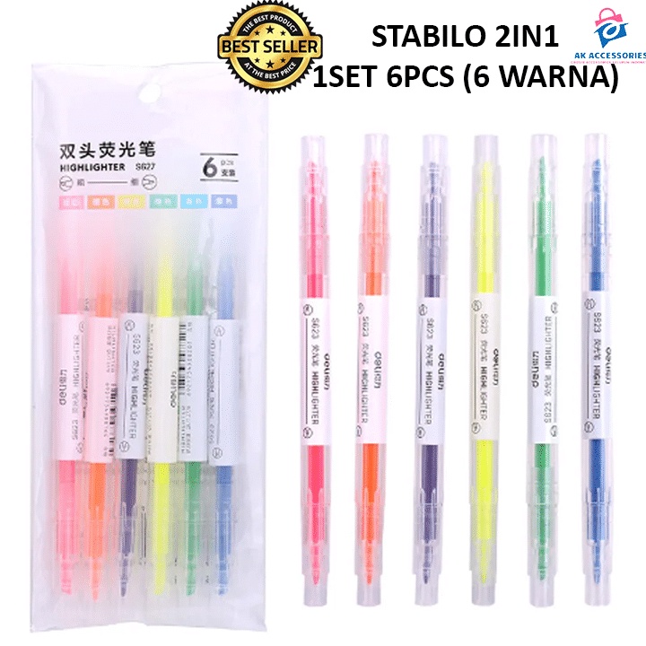 

➞✸✿ AKACC STABILO HIGHLIGHTER 2IN1 SET ISI 6PCS / PENSIL STABILO WARNA WARNI 2 SISI