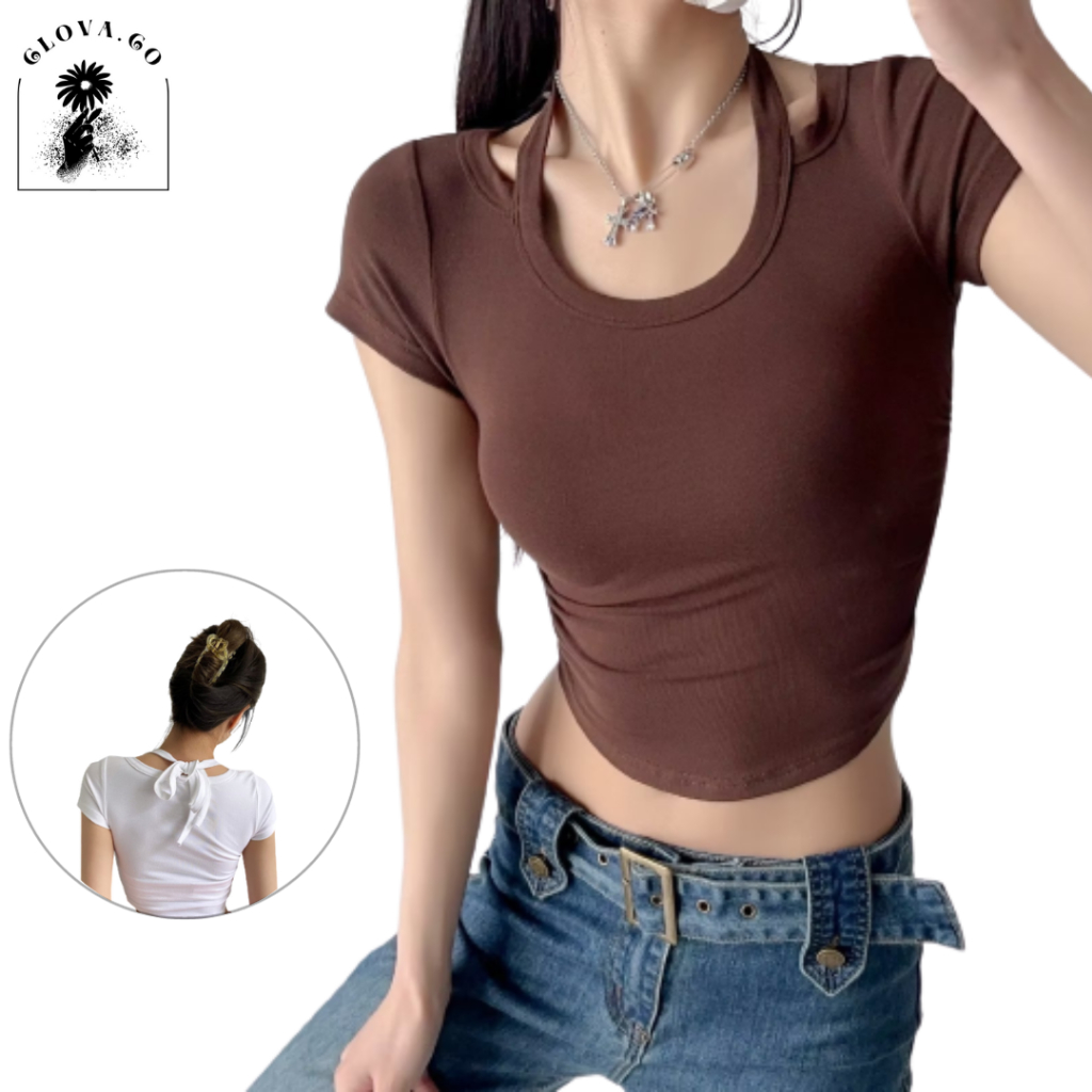 CLOVA BJ414 Baju Atasan Kaos Spandek Korean Wanita Sexy Lengan Pendek Leher Tali Leher Fashion