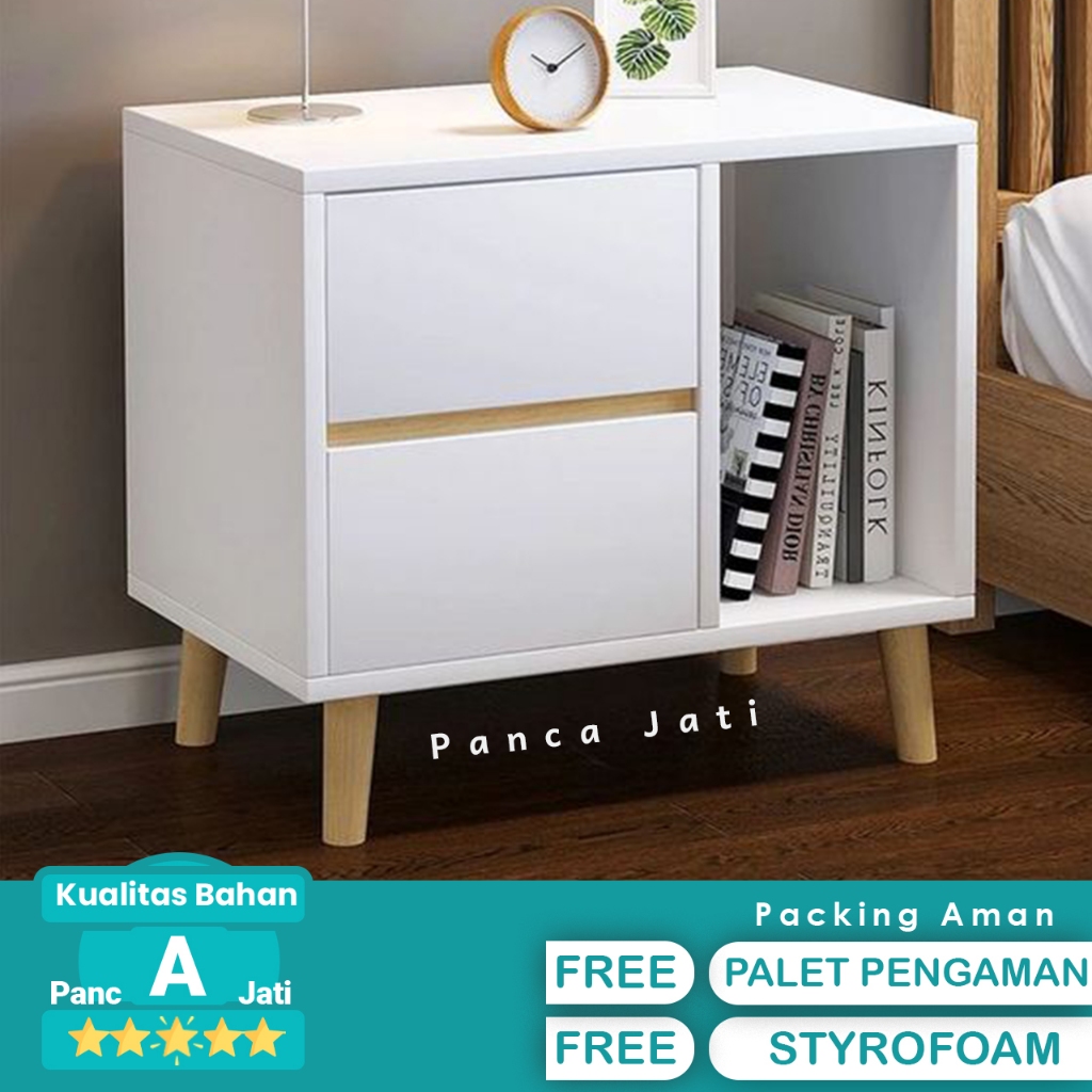 Meja Nakas Minimalis 2 Laci Samping Ruang Kosong Warna Putih