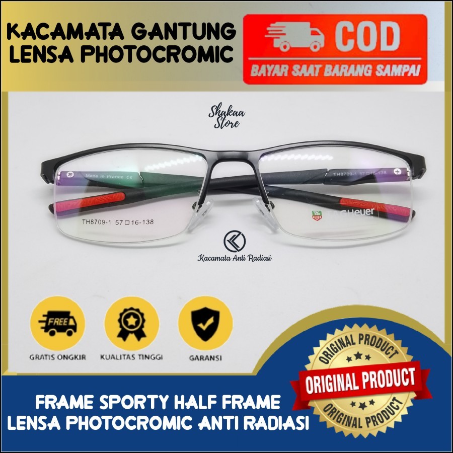 Kacamata Minus Pria Photocromic Gantung Half frame Sporty Kaki Per - Hitam Merah, Anti Radiasi