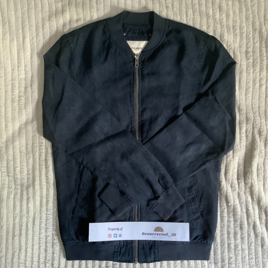 Jaket Pull and Bear Faux Suede Navy Bomber Jacket Branded Original PullnBear