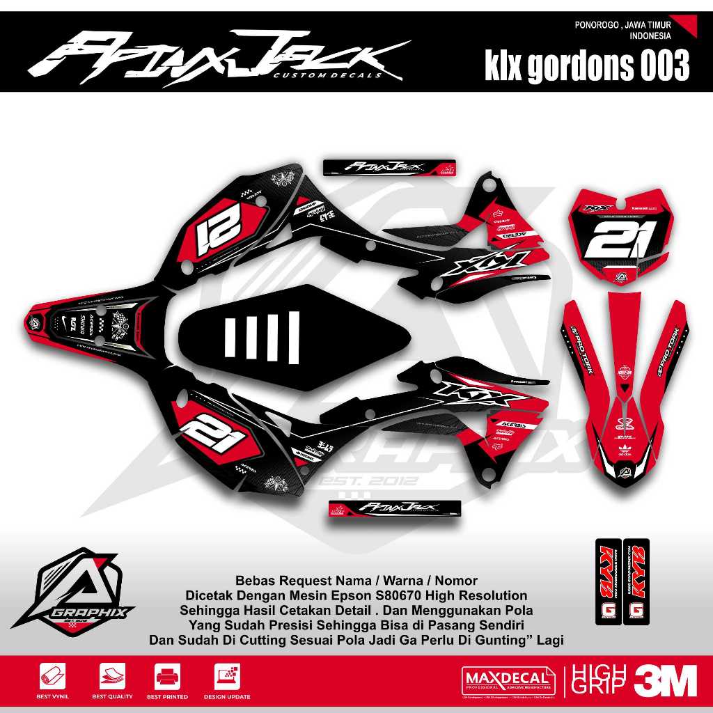 DECAL KLX GORDON MERAH HITAM KODE 003