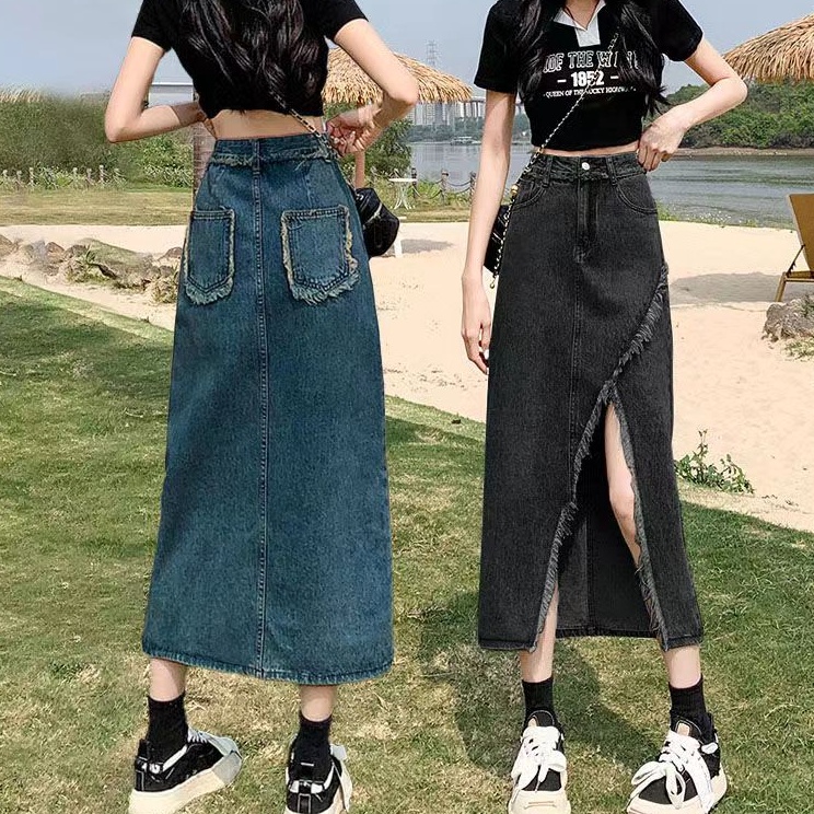 | kekinian factory | rok korean style jeans wanita rok panjang denim robek hitam skirt maxi jumbo ro