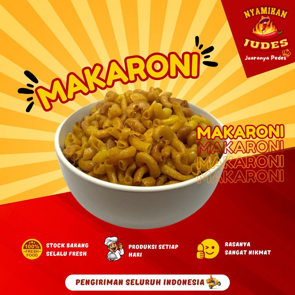 

Makaroni Pedas / Makroni Ngabret Pedes Asin Level / Makaroni Bantet Basah Kering cemilan Snack Jadul Barbeque Balado Keju / Nyamikan Judes 100 Gram