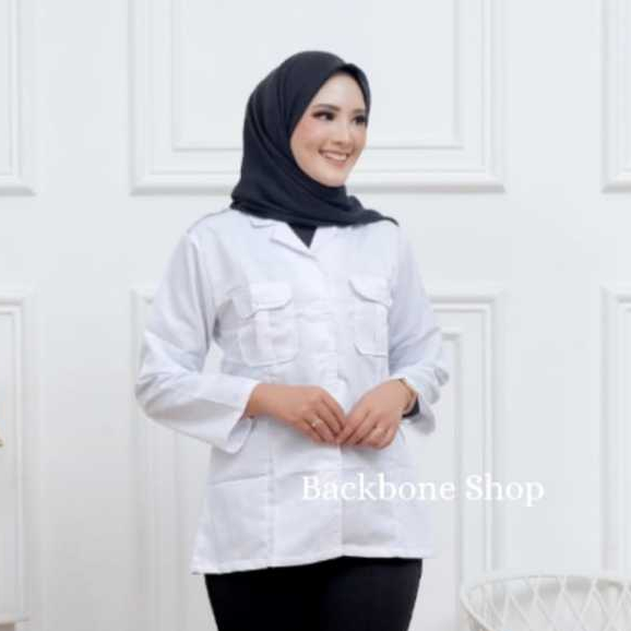 Baju Wanita kerja putih wanita Baju kantong dua Kemeja kerja untuk Dinas/PPL, PNS/ASN, Guru, Perawat