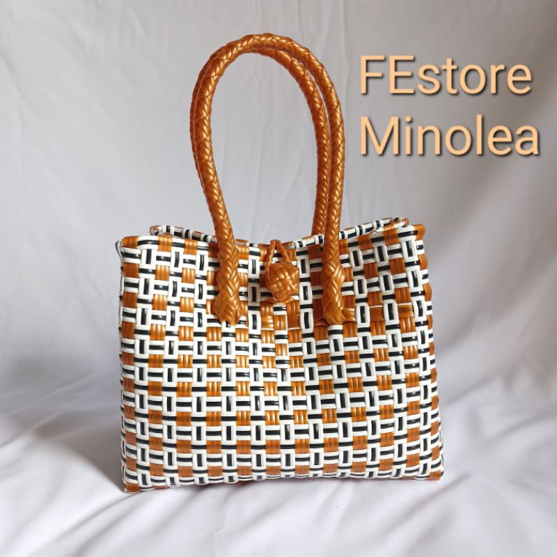 Tas Anyaman Jali Premium Patty Handbag - Size S Brown Motif Kotak