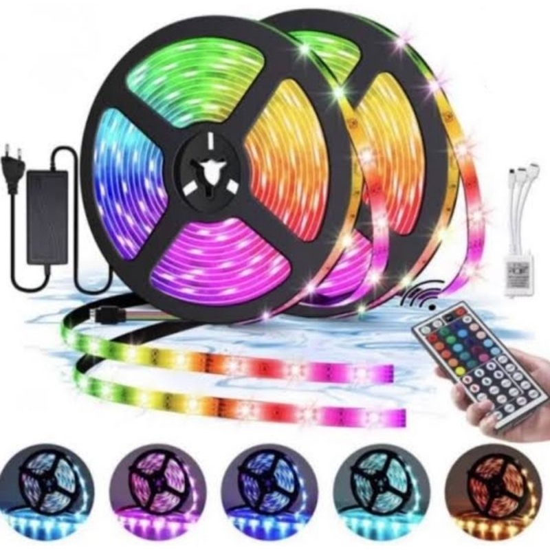 PAKET LAMPU LED STRIP RGB 2835 5050 3528 WARNA WARNI 5M 10 METER IP44 WATERPROF KOMPLIT 1 SETT ADAPT
