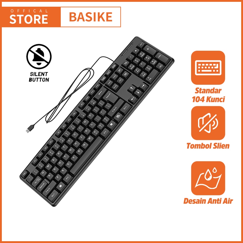 BASIKE Keyboard Wired USB Full Size Multi-Device untuk laptop,Tablet , Windows, Mac, Chrome OS, Android, iOS, Apple, iPad, iPhone Lightweight mini Portable mechanical