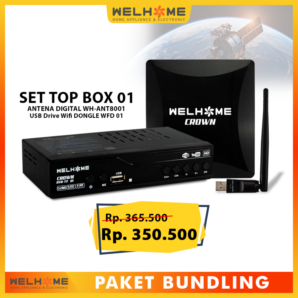 PAKET BUNDLING Welhome Set Top Box DVB-T2-01 + Welhome Antena ANT8001 +Welhome USB Drive Wifi Dongle