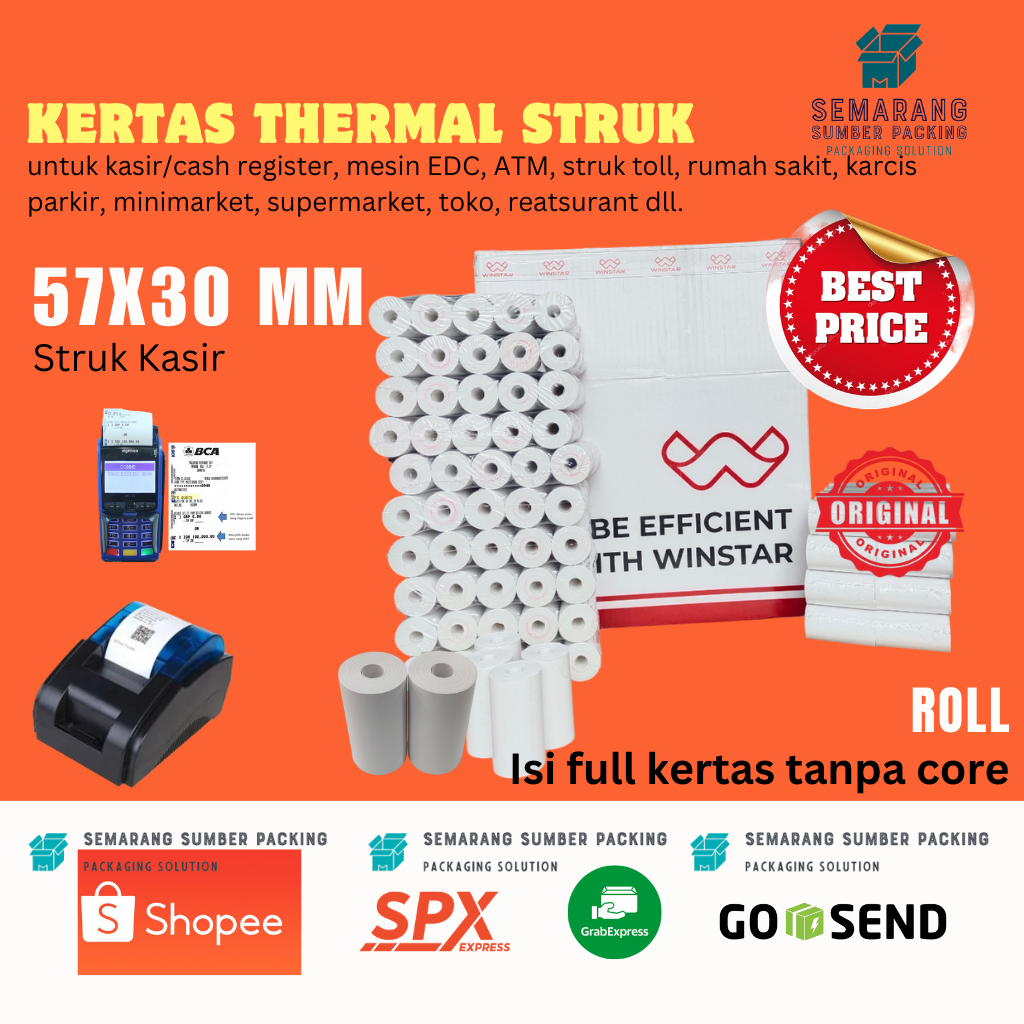 

KERTAS STRUK THERMAL PAPER ROLL WINSTAR 57x30 58x30 TERMAL EDC PRINTER MINI BLUETOOTH CORELESS