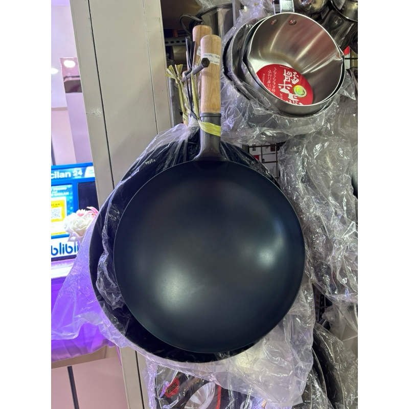 iron wok treatment kuali besi hitam gagang satu kayu tebal premium