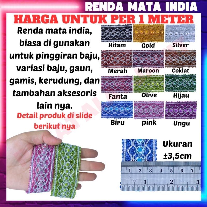 Renda mata india pinggiran baju gaun gamis kerudung aksesoris tambahan