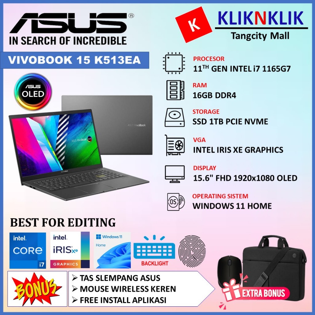 Laptop ASUS VIVOBOOK K513EA intel Core i7 1165G7 16gb 1TB SSD OLED Win11 Home Black Terlaris