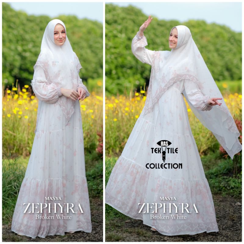 Set Gamis Dress Ceruty Babydoll Printing Premium Syari Warna Putih Broken White Mewah Masya Syari Or