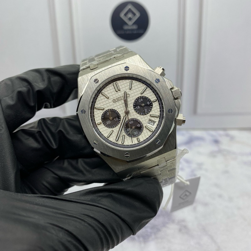 Jam Tangan Seiko Mod Royal Oak Panda Dial VK63 Quartz Chronograph Watch