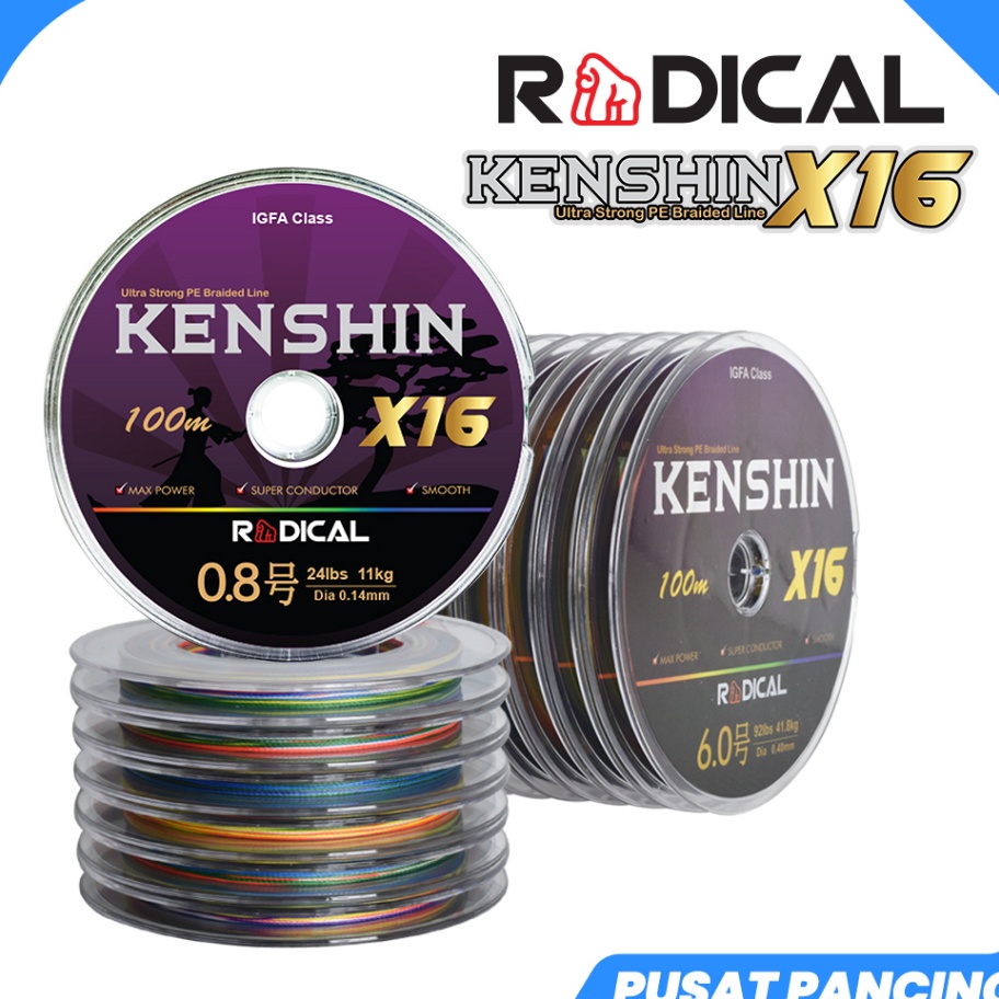 BestSeller Senar pancing pe RADICAL KENSHIN PE X16 MULTI COLOR Senar Pancing Pe Braided X16 100M x 6