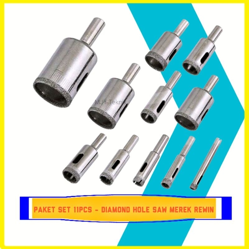 Paket Set 11pcs Mata Bor Kaca Keramik Granit Marmer Diamond Hole Saw Merek Rewin (6-27mm) Asli Origi