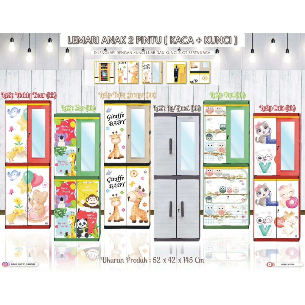 AKAKO - Lemari Pakaian Plastik Anak 2 Pintu + Kaca Motif Kartun/Kode: LA2P-KK
