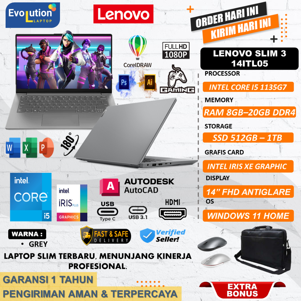 Promo Laptop Lenovo IDEAPAD SLIM 3 14ITL05 Core i5 1135G7 Ram 20GB 1TB SSD FHD WIN11HOME GREY