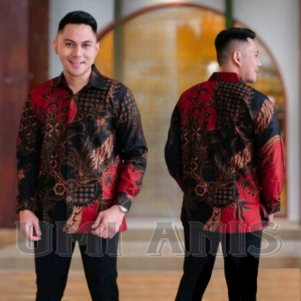KEMEJA BATIK PRIA WARNA MERAH MAROON BATIK PRIA KATUN HALUS size M L XL XXL 3XL