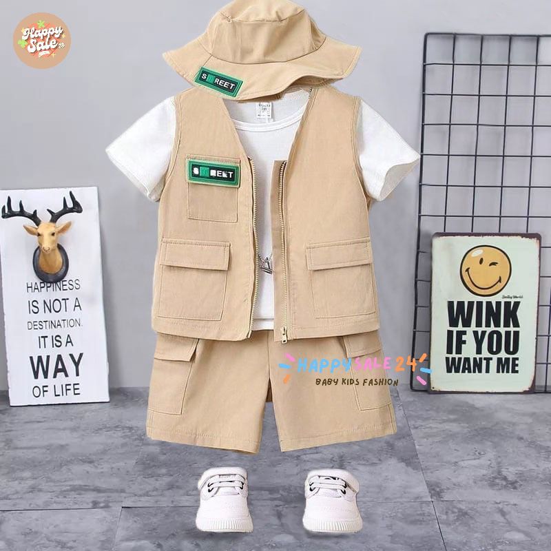 Setelan Anak Laki-Laki Rompi Celana Pendek Kaos dan Topi