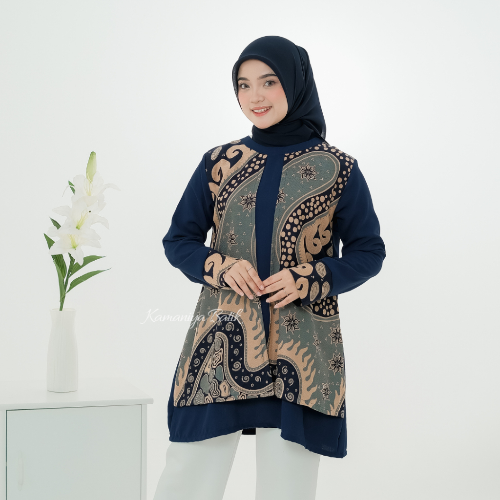 Kamaniya - Zara - Tunik Batik Wanita Panjang Hijab Kerja Modern Motif Abstrak Model Rompi Pink Mocca