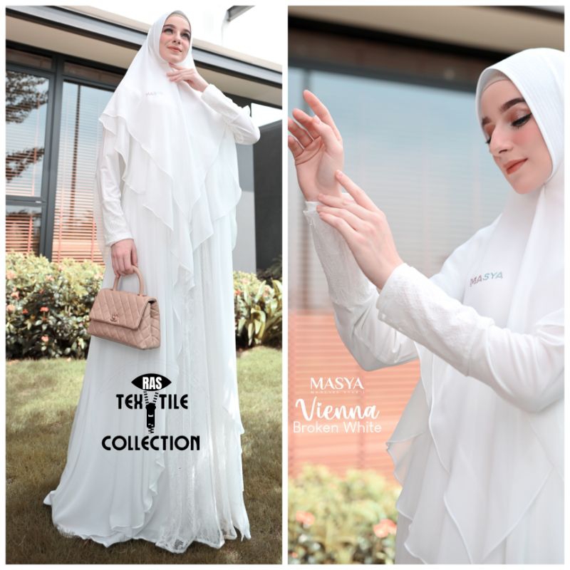 Set Gamis Dress Busui Friendly Ceruty Babydoll Premium Syari Branded Warna Putih Tulang - Broken Whi