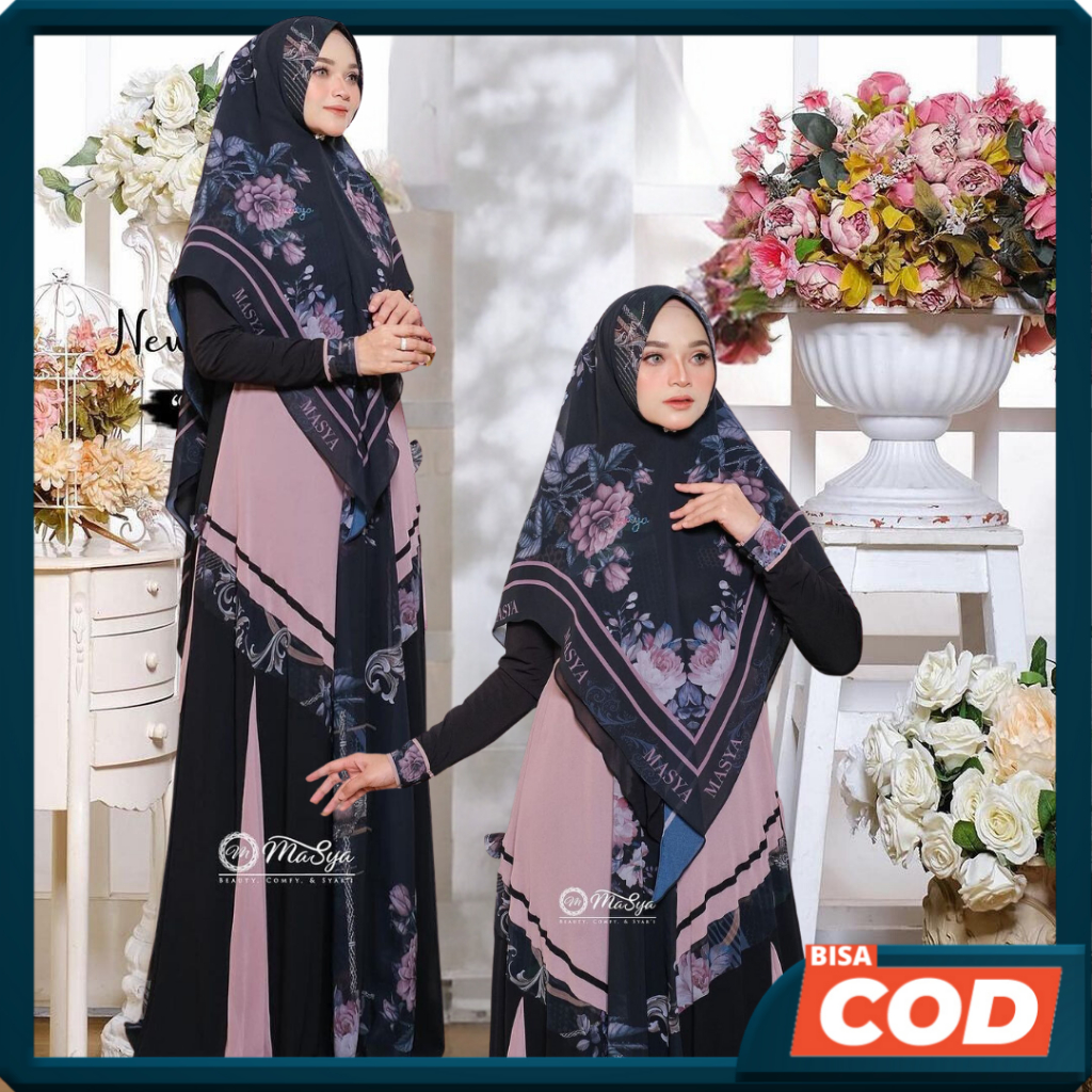 Set Gamis Dress Ceruty Babydoll Syari Branded Printing Hitam - Black - Cream Mewah Masya Syari Origi