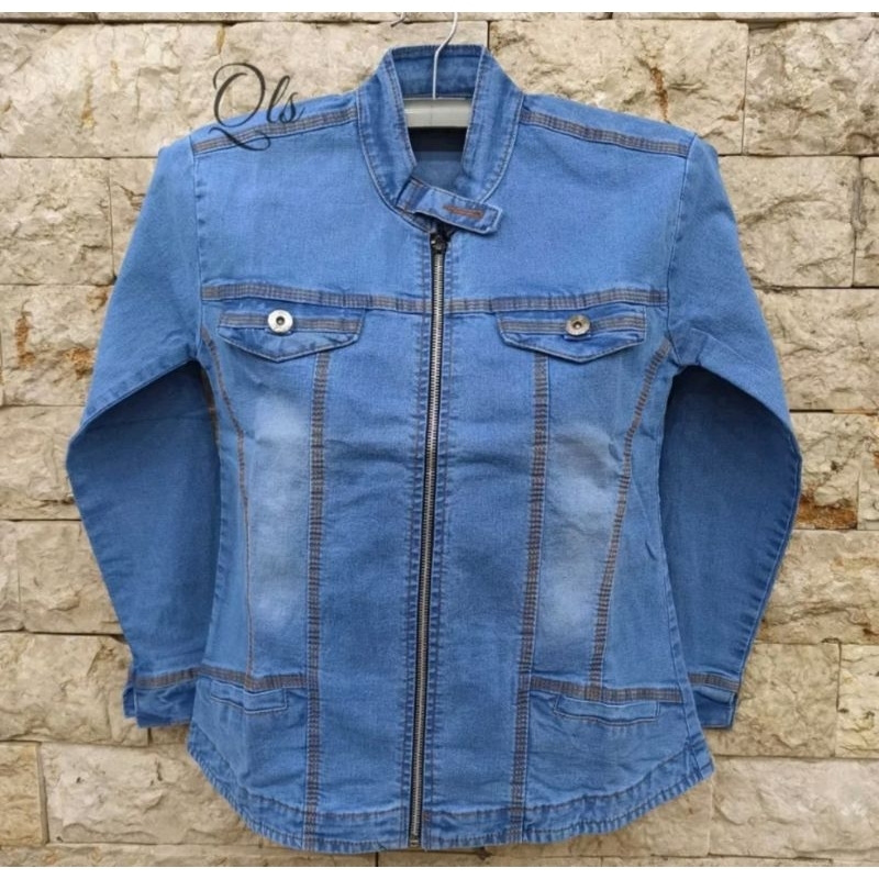 JAKET JEANS CEWEK RESLETING MODEL KERAH SANGHAI VIRAL DEWASA WANITA PEREMPUAN BIRU MUDA