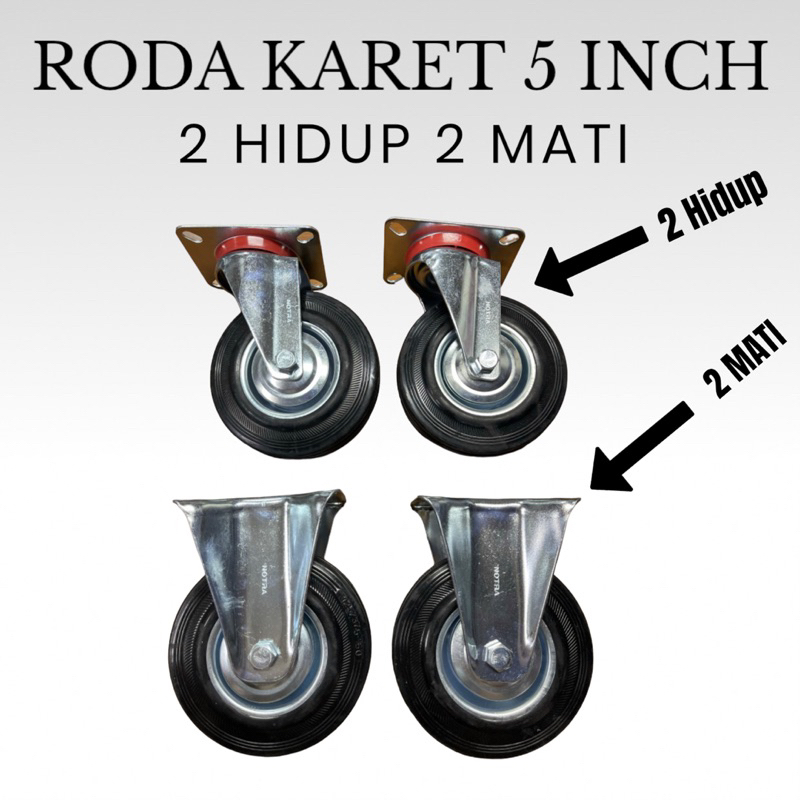Roda karet 5 inch Roda Troli 2 Hidup 2 Mati Roda Gerobak Trolly 2 putar 2 Diam