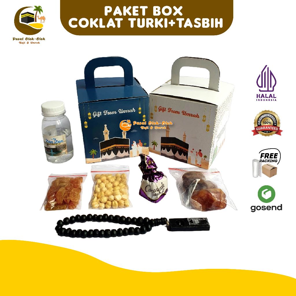 

Paket Oleh Oleh Haji dan Umroh Air Zamzam ori + Botol 80ml + Kismis Golden + Coklat Turki + Tasbih Kayu