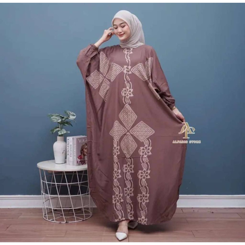 Kaftan Wanita - Daunda Kaftan Size Jumbo XXXXL Motif Daun Lengan Panjang Busui Resleting by Nadira_Fashion / Gamis Rayon Jumbo Kaftan Terbaru-Andin milo