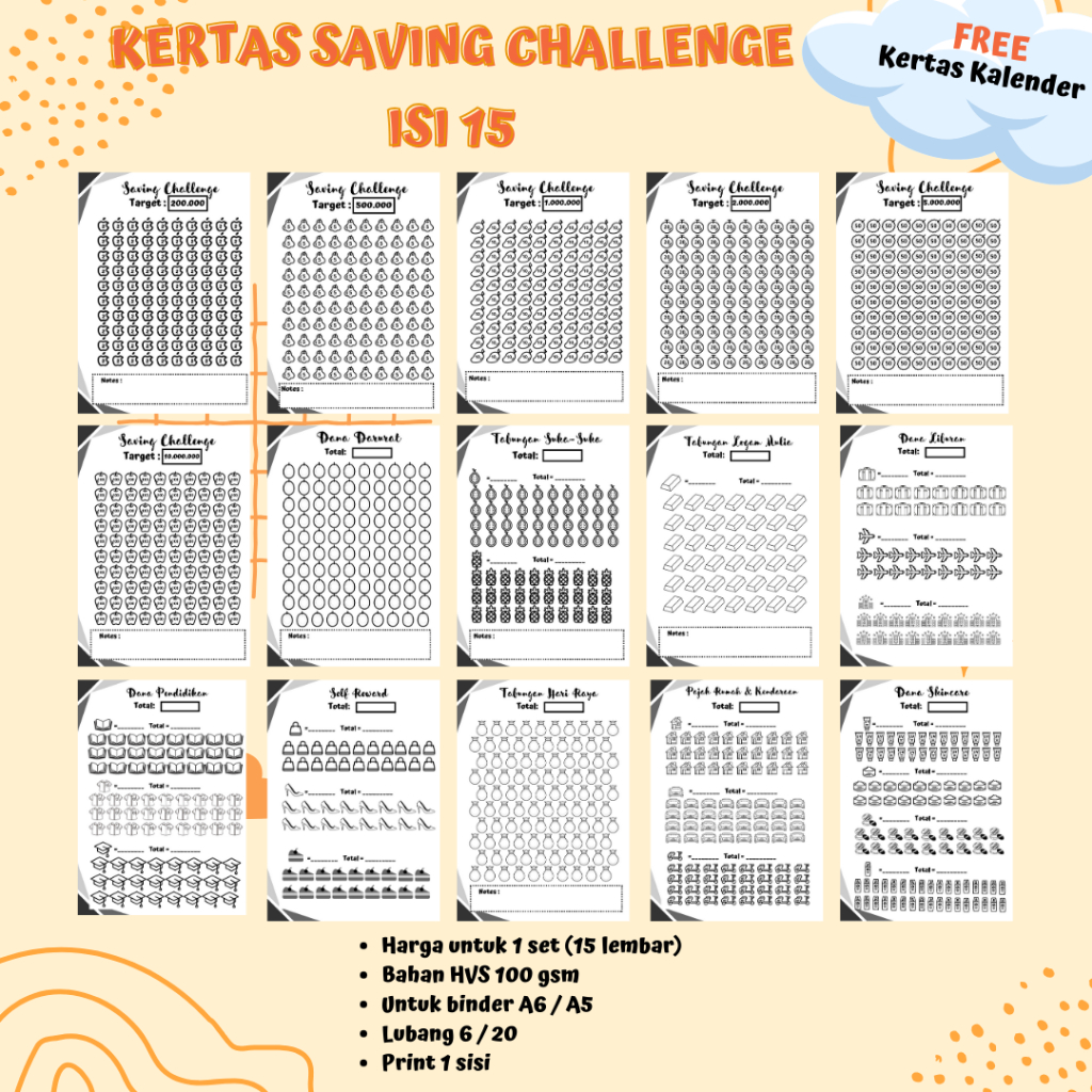 

(Isi 15) Paket Lengkap Kertas Tantangan Menabung / Kertas Saving Challenge