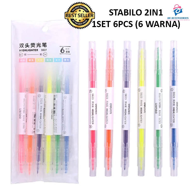 

Ready AKACC STABILO HIGHLIGHTER 2IN1 SET ISI 6PCS / PENSIL STABILO WARNA WARNI 2 SISI