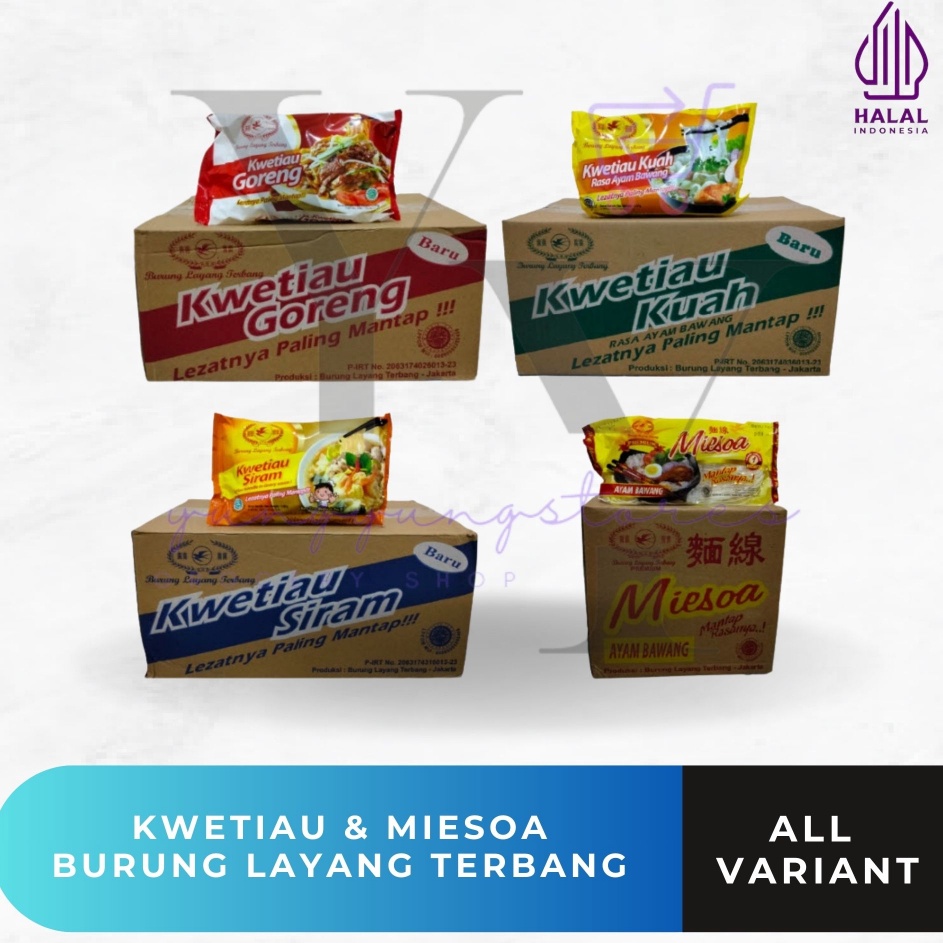 

BVZY4187 Stok terbaru 1 Dus Isi 20 Bungkus Kwetiau Kuah / Goreng / Siram / Miesoa Kuah Cap Burung Layang Terbang