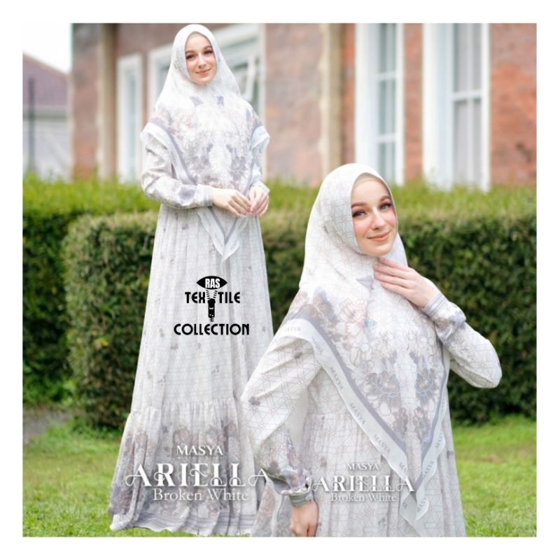Set Gamis Dress Ceruty Babydoll Printing Premium Syari Warna Putih Broken White Mewah Masya Syari Or