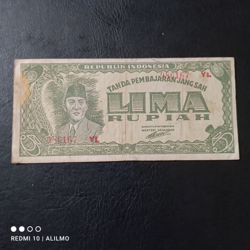 uang kertas 5 rupiah ori tahun 1945 beredar baik asli 986167 YL