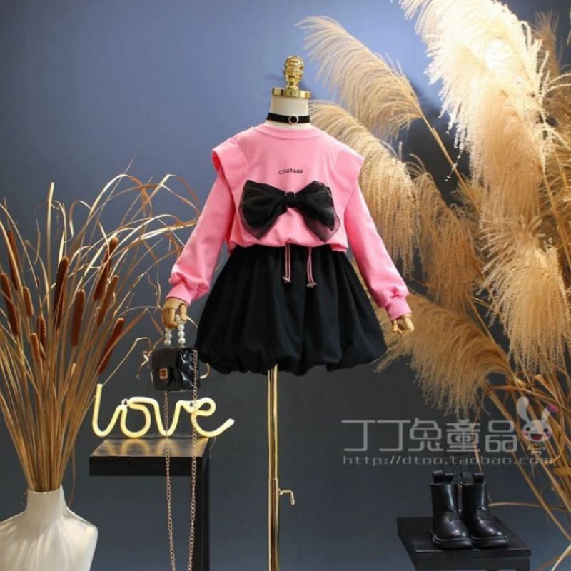 Setelan Rok + Atasan Lengan Panjang Pita Korean Bangkok Style Premium Import Anak Perempuan